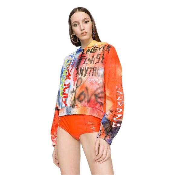 NWT Dolce & Gabbana Graffiti-print Hooded Windbreaker Jacket Orange IT 40 US S - Picture 2 of 6